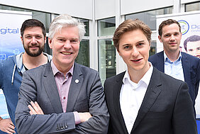 Willem Jonker (EIT Digital, second from right) and the former winners Stephan Kühr (3Yourmind), Andreas Kunze (Konux) and Jörg Land (Tinnitracks) launch the EIT Digital Challenge 2016